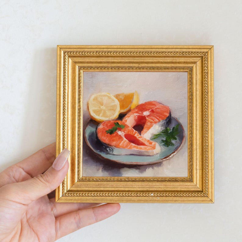 Mini Salmon Steak Oil Painting in Gold Frame: Seafood Kitchen Art