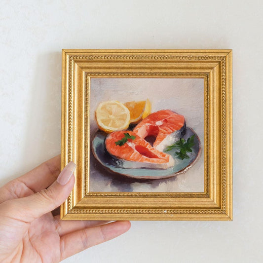 Mini Salmon Steak Oil Painting in Gold Frame: Seafood Kitchen Art