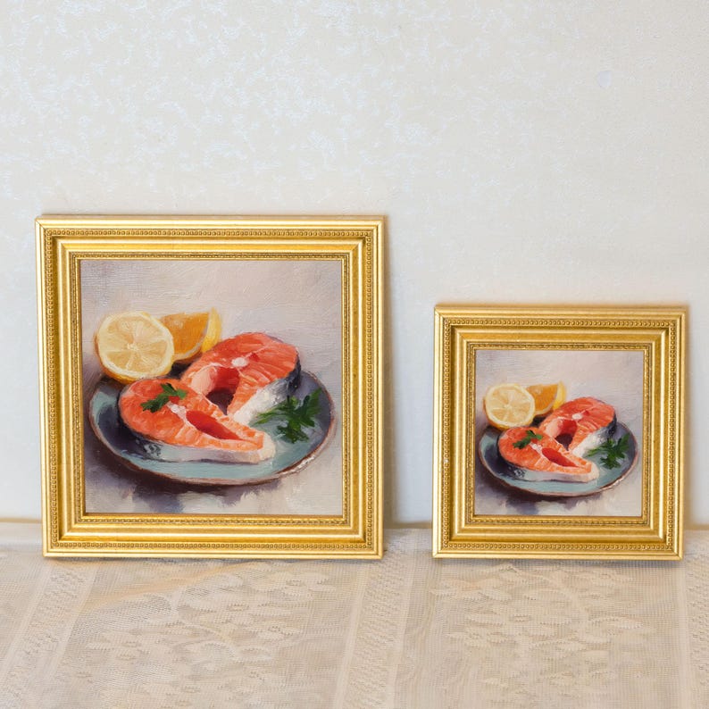 Mini Salmon Steak Oil Painting in Gold Frame: Seafood Kitchen Art