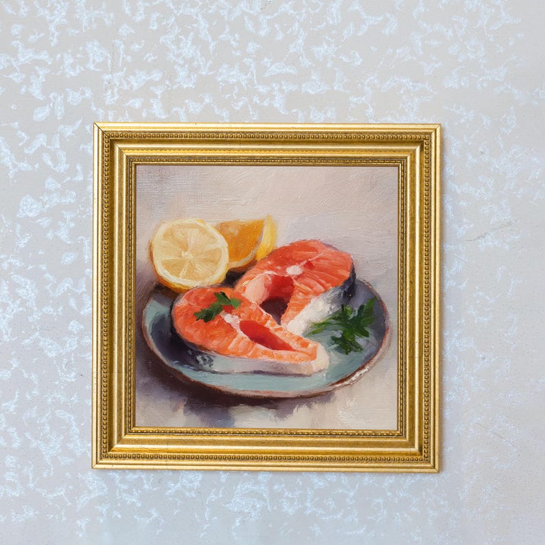 Mini Salmon Steak Oil Painting in Gold Frame: Seafood Kitchen Art