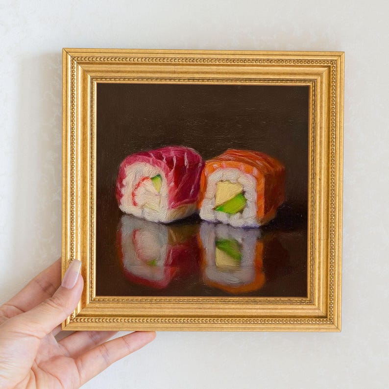 Mini Sushi Oil Painting in Gold Frame | Small Japanese Food Wall Art for Kitchen & Sushi Lovers | Still Life Painting Chef Decor Gift