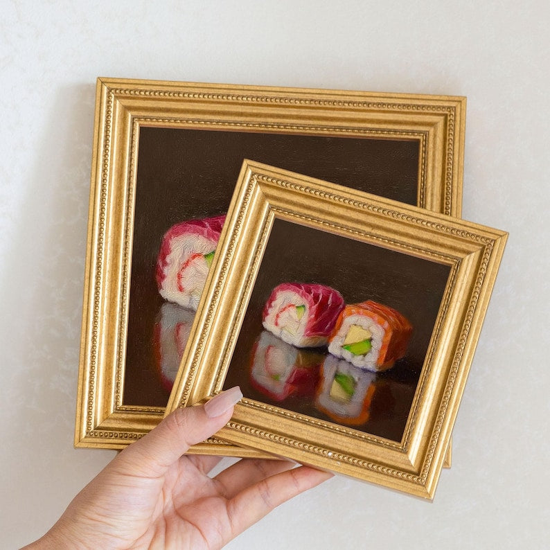 Mini Sushi Oil Painting in Gold Frame | Small Japanese Food Wall Art for Kitchen & Sushi Lovers | Still Life Painting Chef Decor Gift