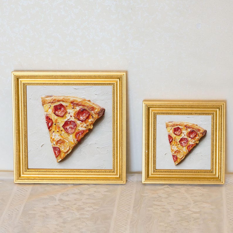 Mini Pepperoni Pizza Slice Oil Painting in Gold Frame | Small Kitchen Wall Art for Chefs & Pizza Lovers Gift| Still Life Painting Bar Decor