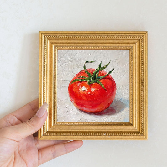 Mini Tomato Oil Painting in Gold Frame | Small Kitchen Wall Art for Chefs & Gardeners Lovers Gift| Still Life Painting Wall Decor