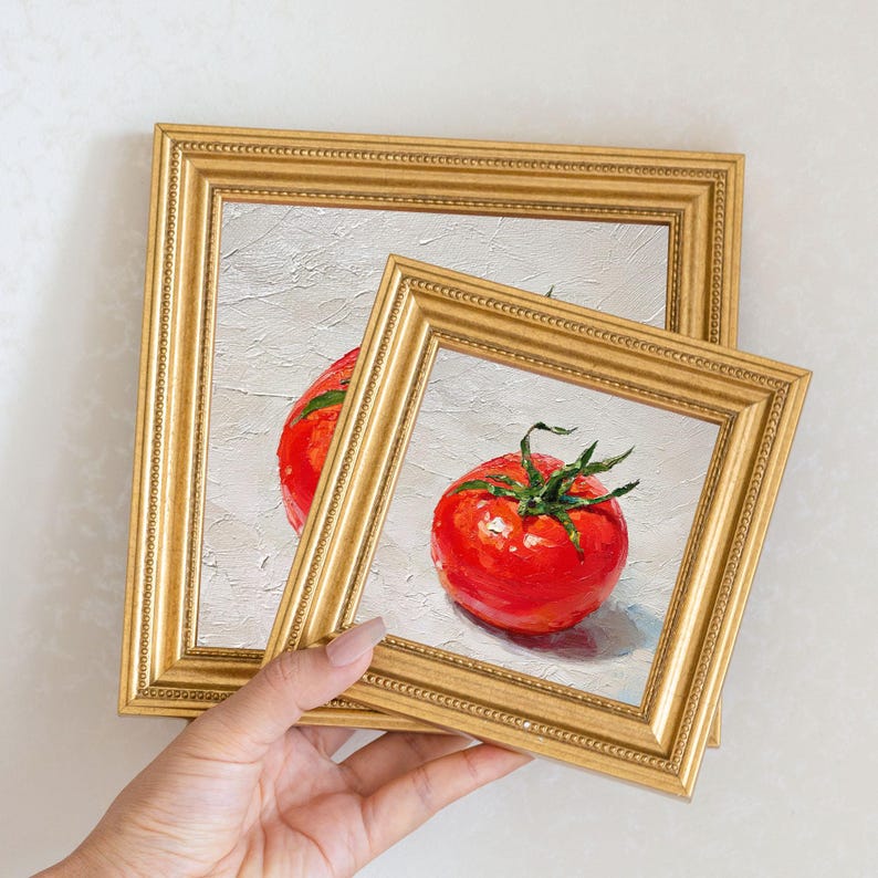 Mini Tomato Oil Painting in Gold Frame | Small Kitchen Wall Art for Chefs & Gardeners Lovers Gift| Still Life Painting Wall Decor