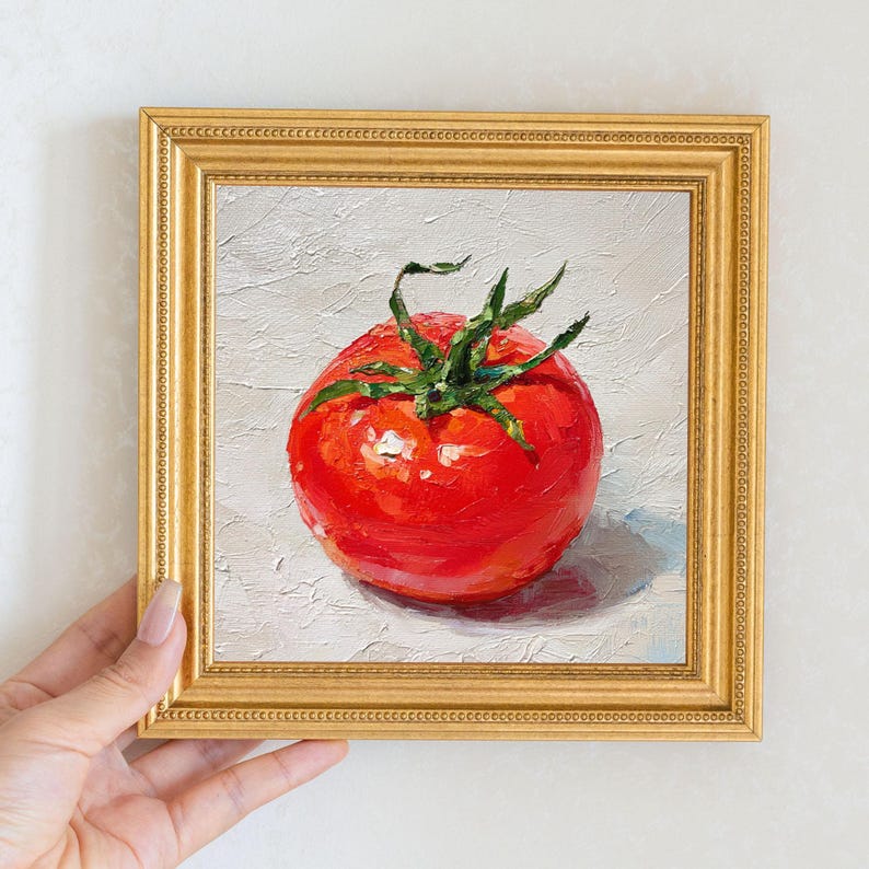 Mini Tomato Oil Painting in Gold Frame | Small Kitchen Wall Art for Chefs & Gardeners Lovers Gift| Still Life Painting Wall Decor