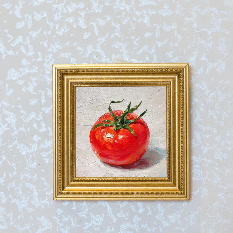 Mini Tomato Oil Painting in Gold Frame | Small Kitchen Wall Art for Chefs & Gardeners Lovers Gift| Still Life Painting Wall Decor