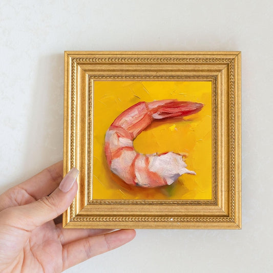 Mini Shrimp Oil Painting in Gold Frame: Seafood Kitchen Art
