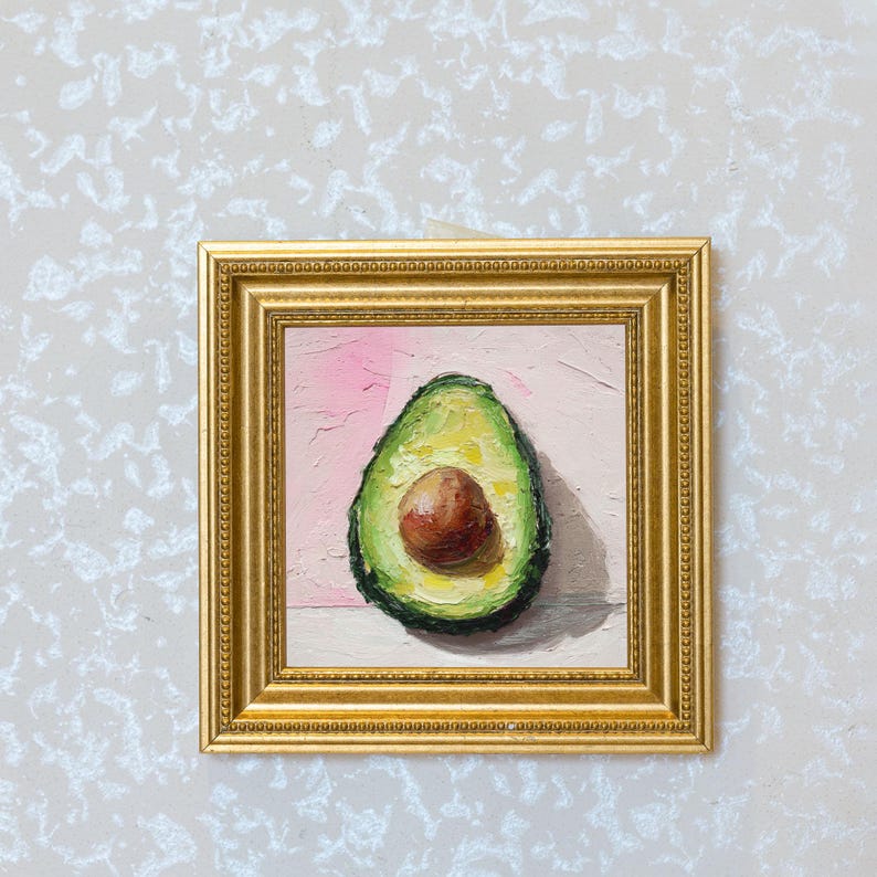 Miniature Avocado Oil Painting in Gold Frame: Kitchen Still Life Art
