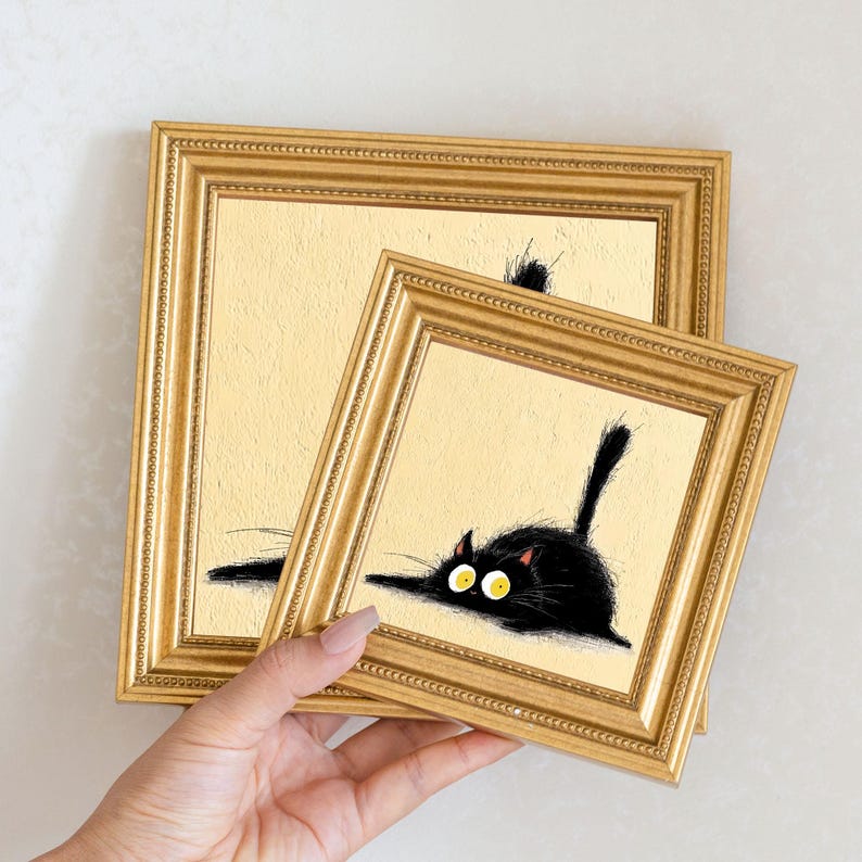 Mini Black Cat Oil Painting in Gold Frame, Quirky Gift for Cat Lovers and Wall Decor Fans, Original Painting for House and Office Decor