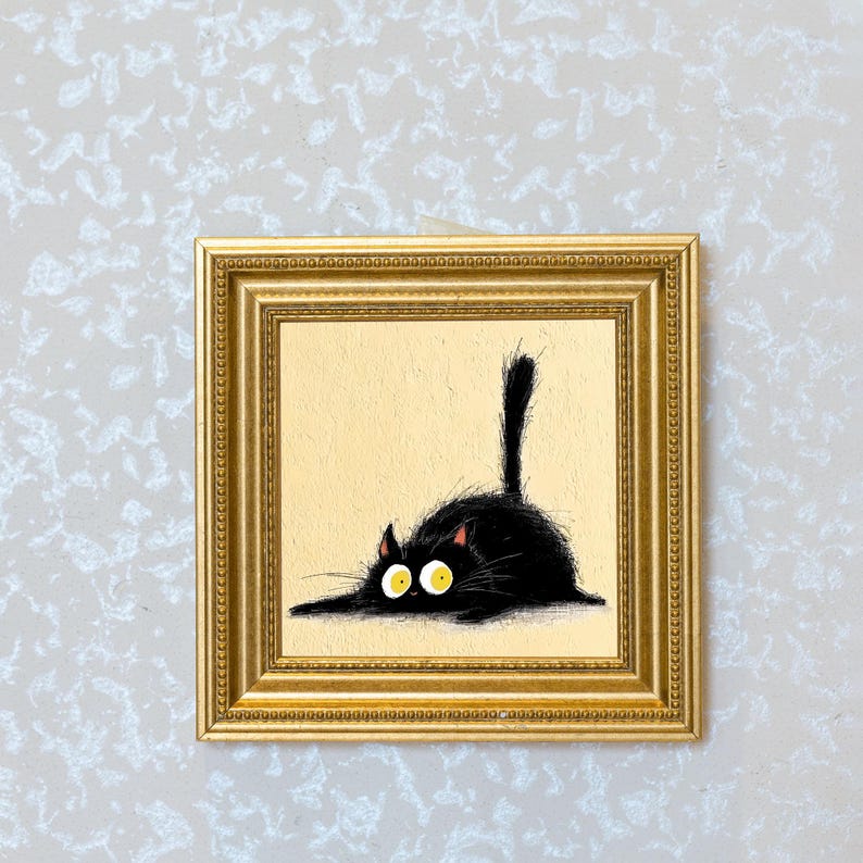 Mini Black Cat Oil Painting in Gold Frame, Quirky Gift for Cat Lovers and Wall Decor Fans, Original Painting for House and Office Decor