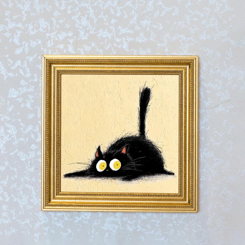 Mini Black Cat Oil Painting in Gold Frame, Quirky Gift for Cat Lovers and Wall Decor Fans, Original Painting for House and Office Decor