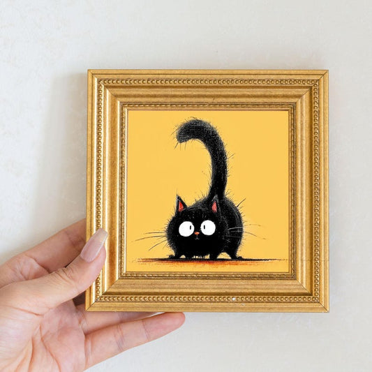 Mini Black Cat Oil Painting in Gold Frame, Quirky Gift for Cat Lovers and Wall Decor Fans, Original Painting for House and Office Decor