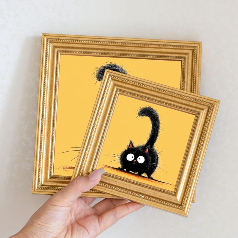Mini Black Cat Oil Painting in Gold Frame, Quirky Gift for Cat Lovers and Wall Decor Fans, Original Painting for House and Office Decor