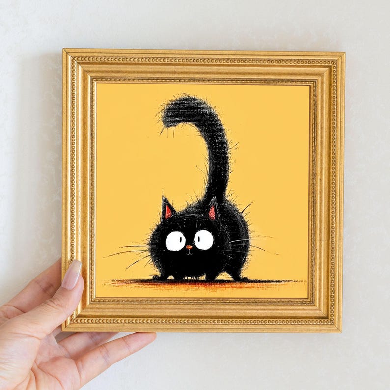 Mini Black Cat Oil Painting in Gold Frame, Quirky Gift for Cat Lovers and Wall Decor Fans, Original Painting for House and Office Decor