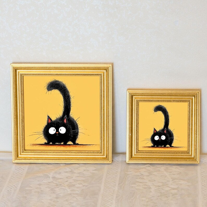 Mini Black Cat Oil Painting in Gold Frame, Quirky Gift for Cat Lovers and Wall Decor Fans, Original Painting for House and Office Decor