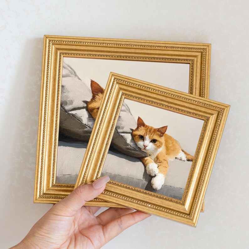 Miniature Tabby Cat Oil Painting in Gold Frame: Whimsical Wall Art