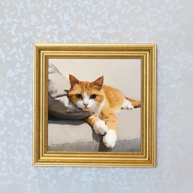 Miniature Tabby Cat Oil Painting in Gold Frame: Whimsical Wall Art