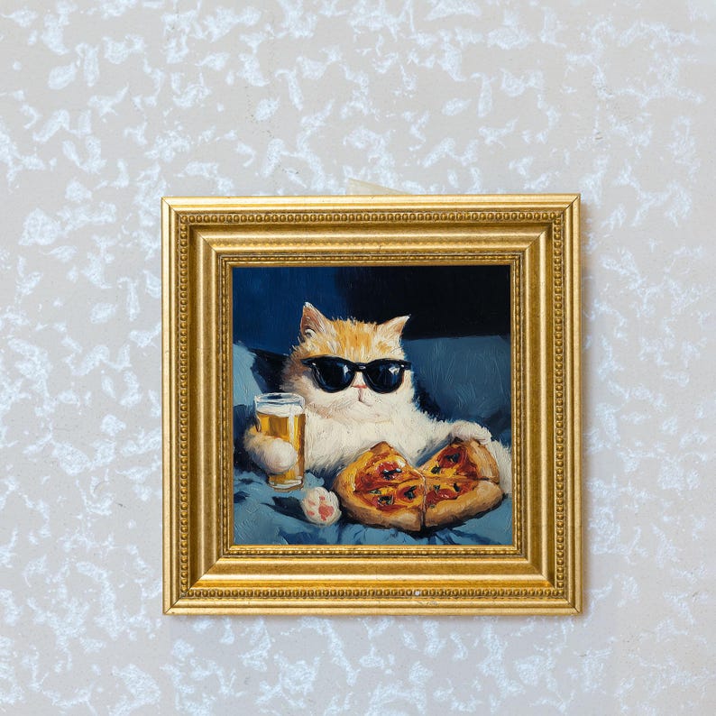 Mini Cool Cat Oil Painting in Gold Frame, Quirky Gift for Cat Lovers and Wall Decor Fans, Original Painting for House and Office Decor
