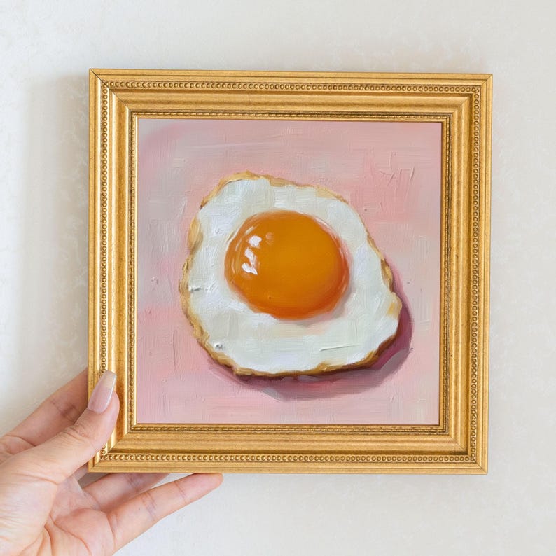 Mini Egg Oil Painting in Gold Frame: Vintage Kitchen Still Life