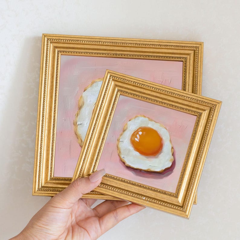 Mini Egg Oil Painting in Gold Frame: Vintage Kitchen Still Life