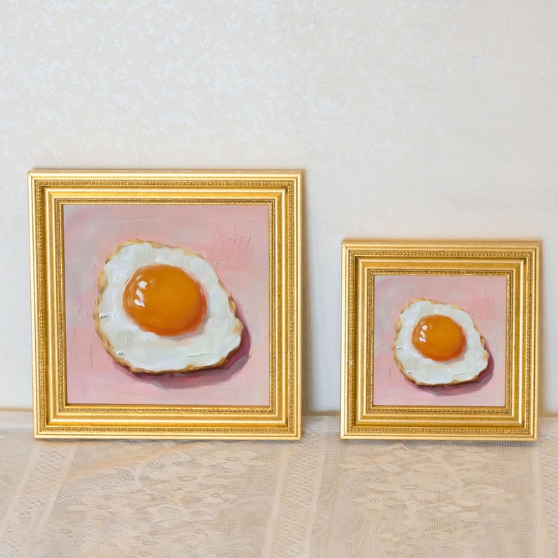 Mini Egg Oil Painting in Gold Frame: Vintage Kitchen Still Life