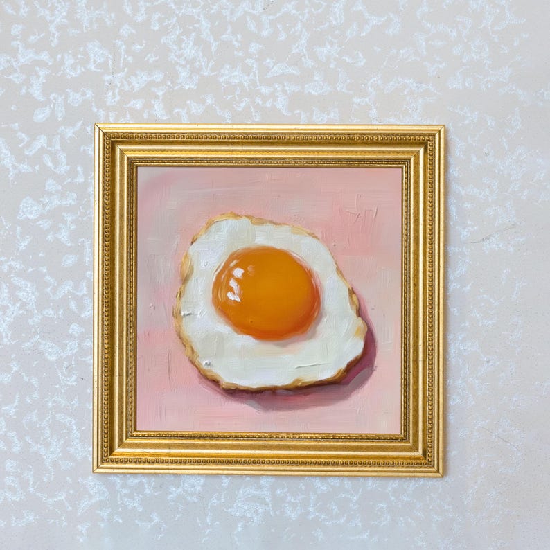 Mini Egg Oil Painting in Gold Frame: Vintage Kitchen Still Life