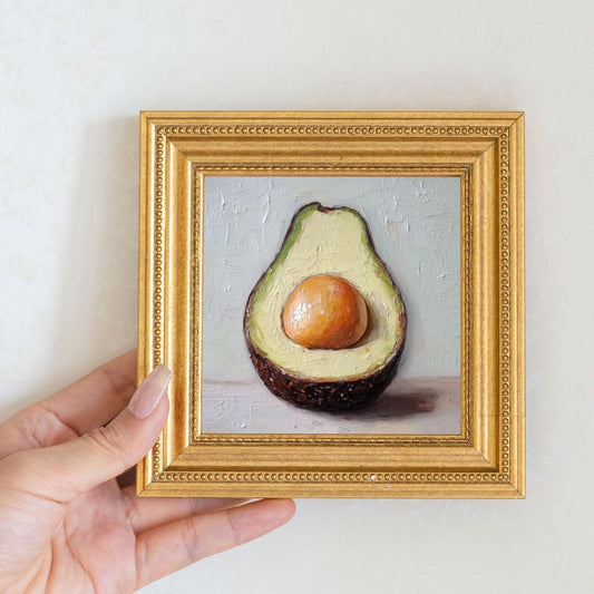 Mini Avocado Oil Painting in Gold Frame: Kitchen Still Life Art