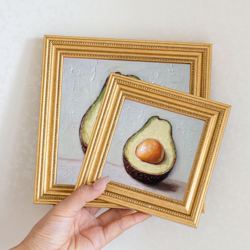 Mini Avocado Oil Painting in Gold Frame: Kitchen Still Life Art