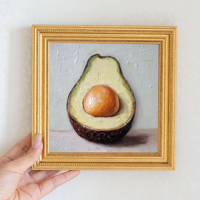 Mini Avocado Oil Painting in Gold Frame: Kitchen Still Life Art