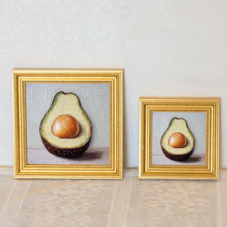 Mini Avocado Oil Painting in Gold Frame: Kitchen Still Life Art