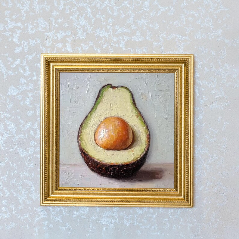 Mini Avocado Oil Painting in Gold Frame: Kitchen Still Life Art