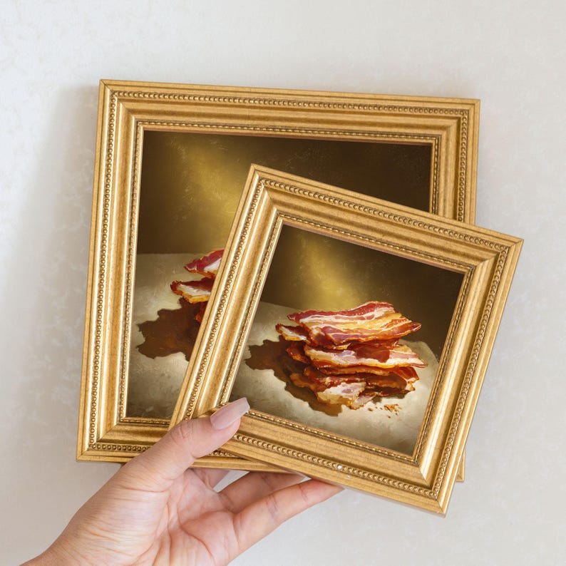 Small Crispy Bacon Oil Painting in Gold Frame, Still Life Art Gift for Wall Decor Lover, Original Painting for French Kitchen and Bar Decor