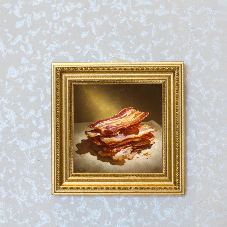 Small Crispy Bacon Oil Painting in Gold Frame, Still Life Art Gift for Wall Decor Lover, Original Painting for French Kitchen and Bar Decor