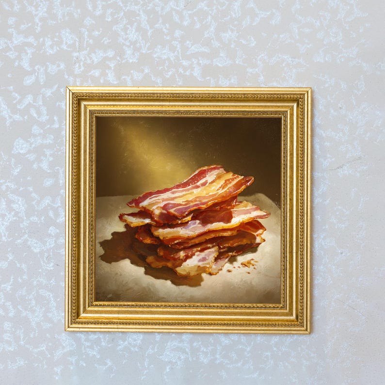 Small Crispy Bacon Oil Painting in Gold Frame, Still Life Art Gift for Wall Decor Lover, Original Painting for French Kitchen and Bar Decor