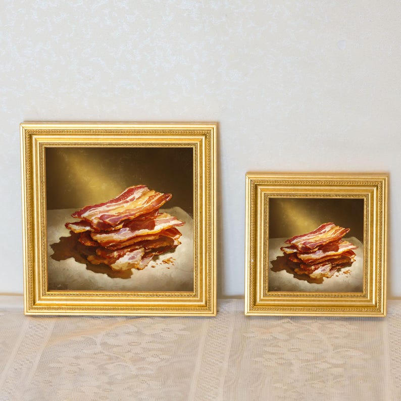 Small Crispy Bacon Oil Painting in Gold Frame, Still Life Art Gift for Wall Decor Lover, Original Painting for French Kitchen and Bar Decor