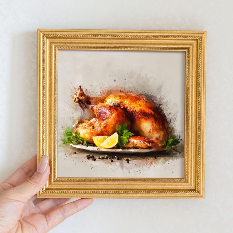 Mini Roast Chicken Oil Painting in Gold Frame - Rustic Kitchen Wall Decor