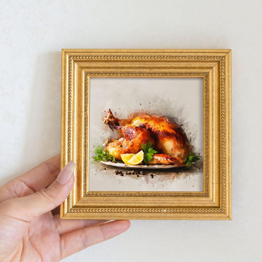 Mini Roast Chicken Oil Painting in Gold Frame - Rustic Kitchen Wall Decor