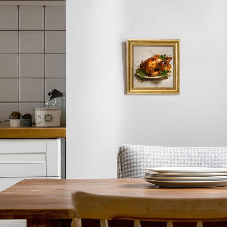 Mini Roast Chicken Oil Painting in Gold Frame: Rustic Kitchen Decor