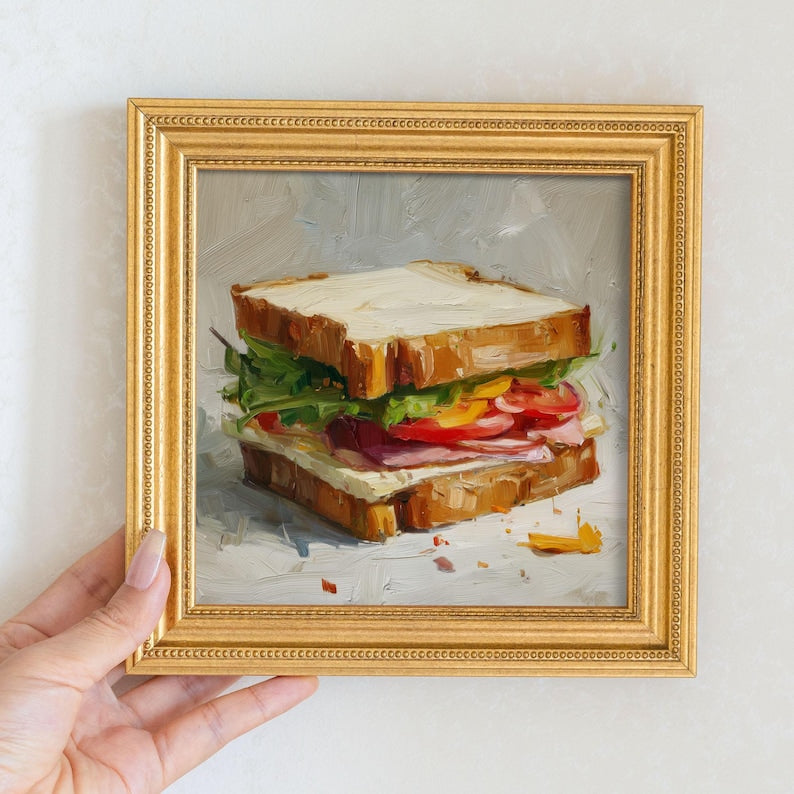 Mini Sandwich Oil Painting in Gold Frame | Small French Bakery Wall Art for Kitchen & Cafe | Still Life Art Gift for Wall Art Decor Lover
