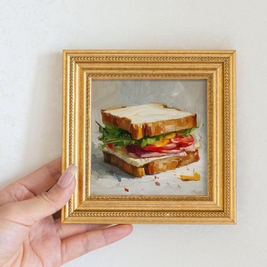 Mini Sandwich Oil Painting in Gold Frame | Small French Bakery Wall Art for Kitchen & Cafe | Still Life Art Gift for Wall Art Decor Lover