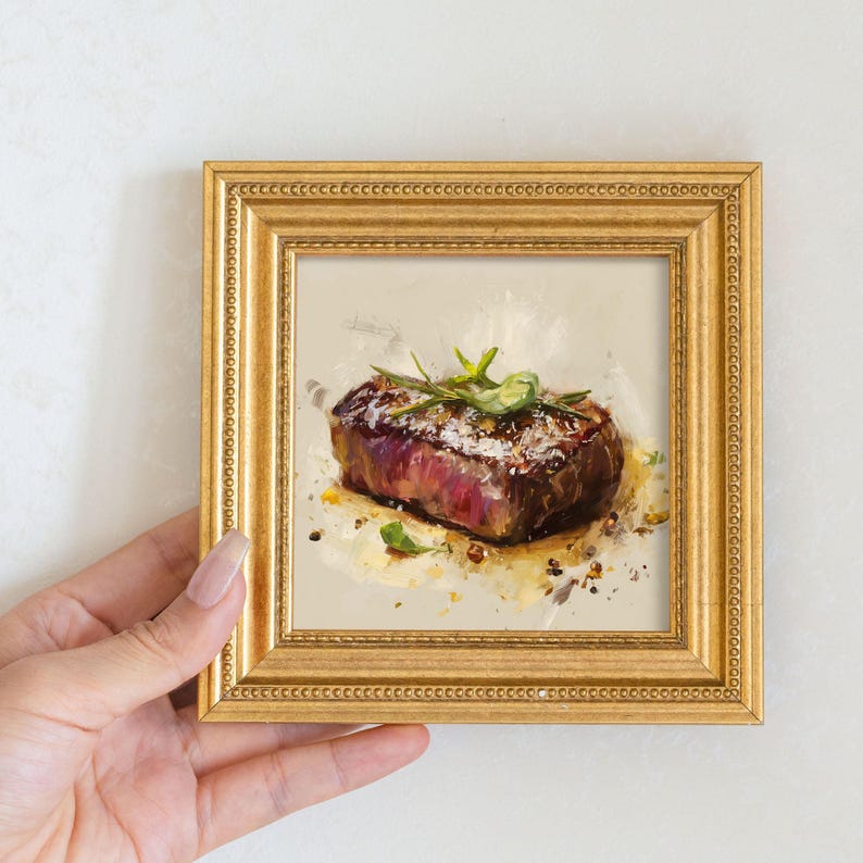 Mini Juicy Steak Oil Painting in Gold Frame, Small Realistic Meat Wall Art for Kitchen & Cafe, Still Life Art Gift for Gourmet Food Lover
