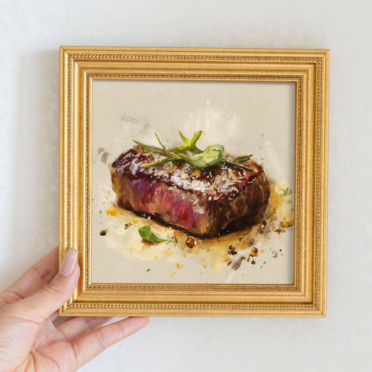 Mini Juicy Steak Oil Painting in Gold Frame, Small Realistic Meat Wall Art for Kitchen & Cafe, Still Life Art Gift for Gourmet Food Lover