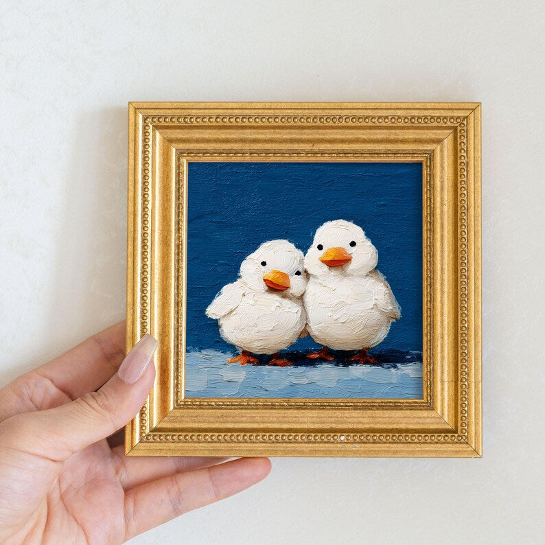 Mini Duck Couple Oil Painting: Hand-Painted Goose Art in Gold Frame