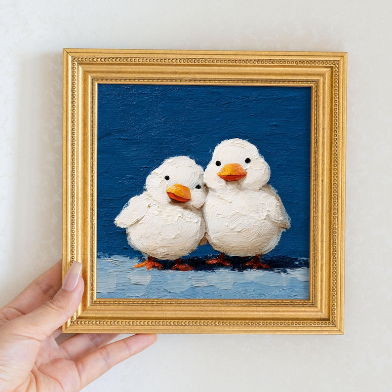 Mini Duck Couple Oil Painting: Hand-Painted Goose Art in Gold Frame