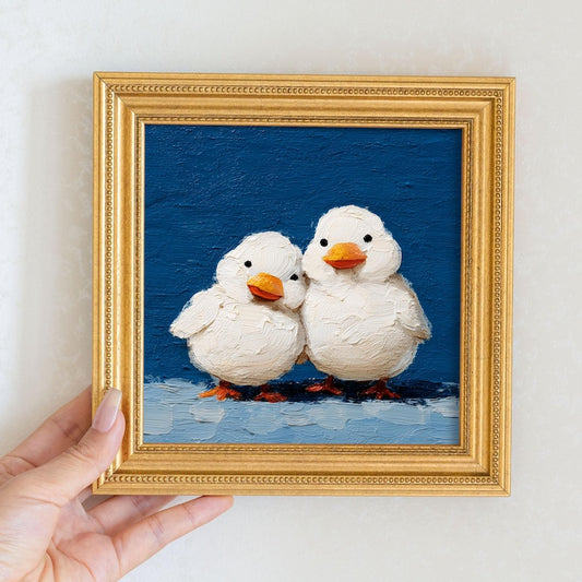 Mini Duck Couple Oil Painting: Hand-Painted Goose Art in Gold Frame