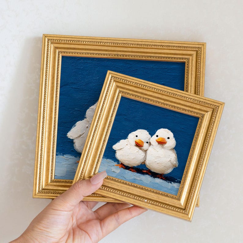 Mini Duck Couple Oil Painting: Hand-Painted Goose Art in Gold Frame