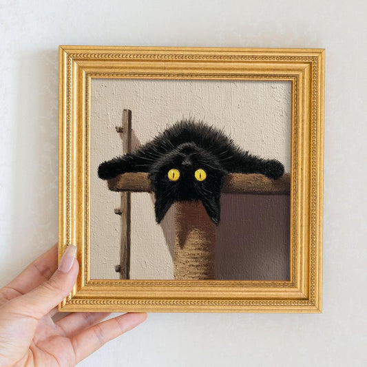 Mini Black Cat Oil Painting in Gold Frame, Quirky Gift for Cat Lovers and Wall Decor Fans, Original Painting for House and Office Decor