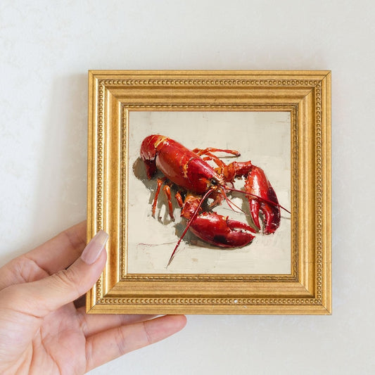 Mini Lobster Oil Painting in Gold Frame, Still Life Art Gift for Wall Decor Lover and Foodie, Original Painting for Coastal Kitchen Decor