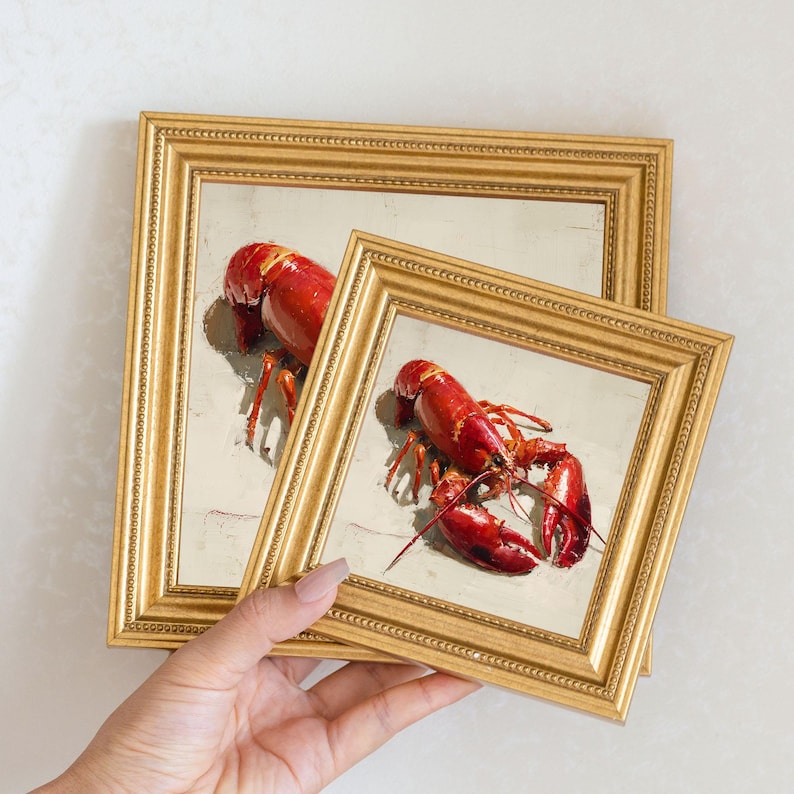 Mini Lobster Oil Painting in Gold Frame, Still Life Art Gift for Wall Decor Lover and Foodie, Original Painting for Coastal Kitchen Decor
